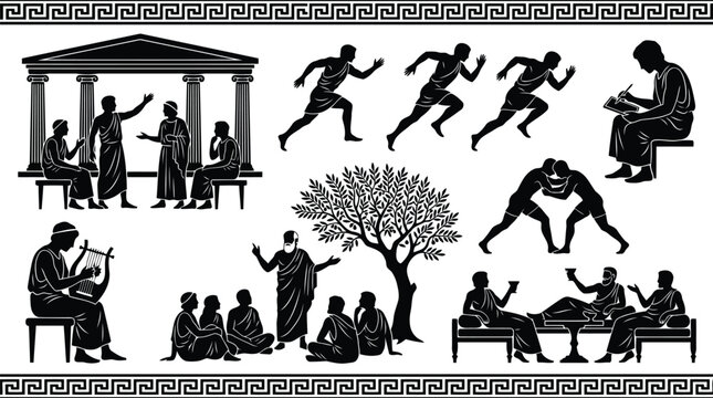 Ancient greek life silhouettes set with people athletics philosophy music and traditional art style
