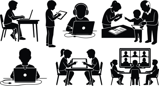 Set of black silhouettes showing children using laptops tablets and computers for online learning