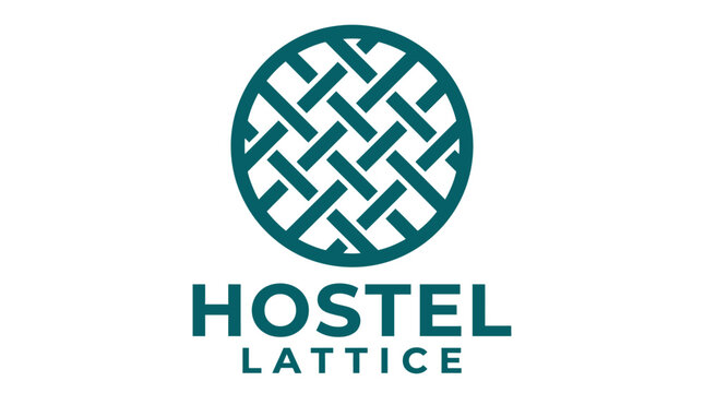 Minimalist hostel logo with circular woven lattice design.
