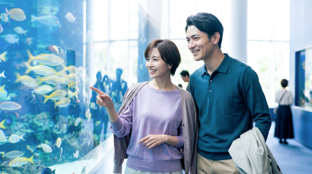 水族館でデートを楽しむ大人のカップル・夫婦
