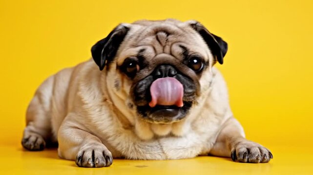 Cute pug dog lying on a yellow surface looking attentively at the camera with an inquisitive expression