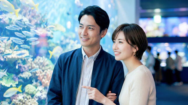 水族館でデートを楽しむ大人のカップル・夫婦