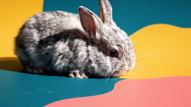 Adorable baby bunny rabbit sitting on colorful abstract patterned backdrop close up