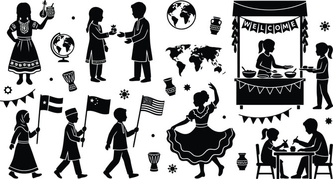 Set of black silhouettes representing diverse people cultural heritage traditions and global unity