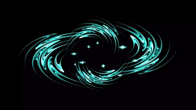 Abstract glowing cyan light swirl vortex, sparkling stars, circular light trail, glowing particle motion, luminous spiral animation, black background, energy loop, futuristic vortex effect