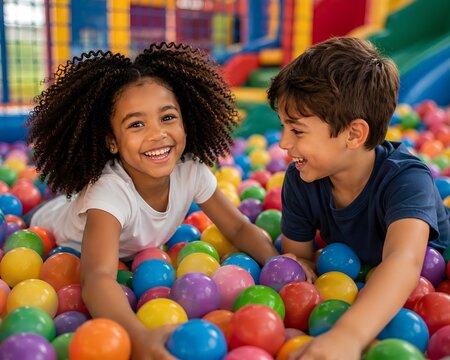 Happy children playing in a colorful ball pit.