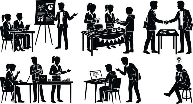 Business people silhouettes set in office work and meeting situations with professional activities
