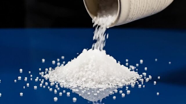Coarse salt being poured from a ceramic container onto a shiny blue surface with a dark background