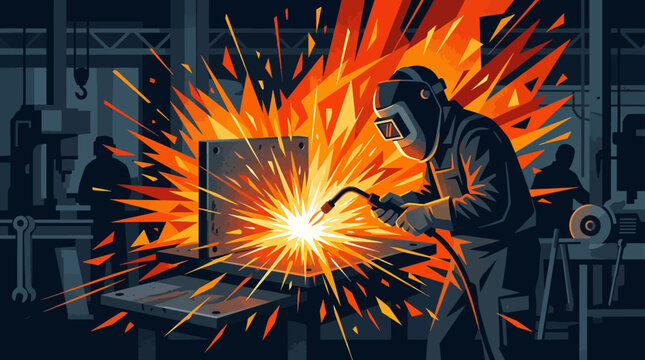 Industrial welder using torch in workshop with bright sparks.