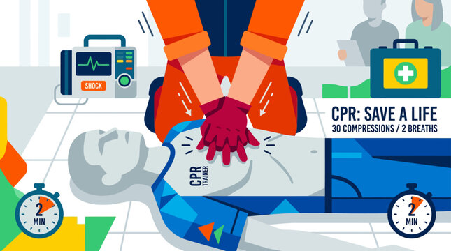 Hands performing CPR on a patient first aid illustration.