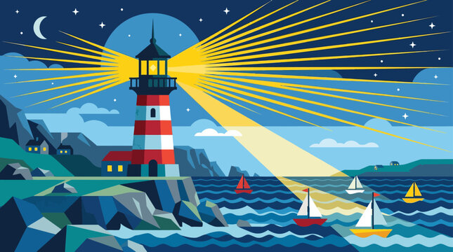Red and white lighthouse guiding sailboats at night illustration.