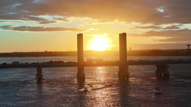 Sunset Petrolina Skyline In Petrolina Pernambuco Brazil. Traffic Is Moving Across A Modern Cable-Stayed Bridge. Sunrise Rainforest Eco Tourism. Amazon River. Petrolina Pernambuco.