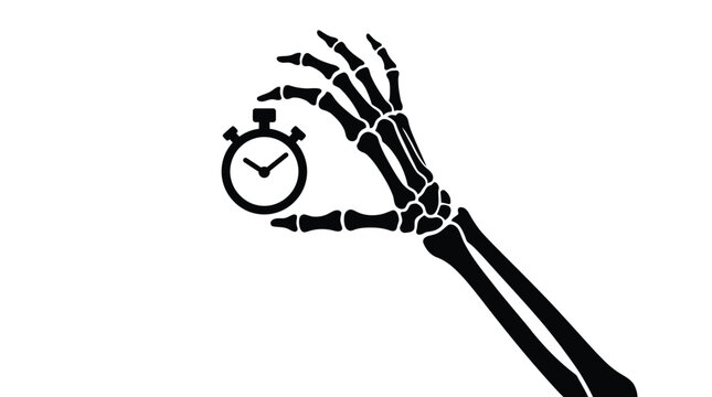 Detailed black vector illustration of a skeletal hand holding a small classic analog kitchen timer