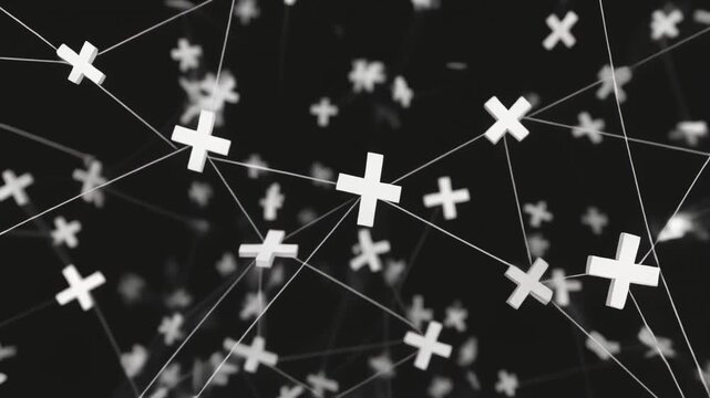 Abstract motion graphics with star and plus symbols on dark background