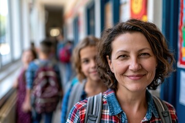 Fototapeta premium Smiling school administrator standing in bright hallway as students walk by