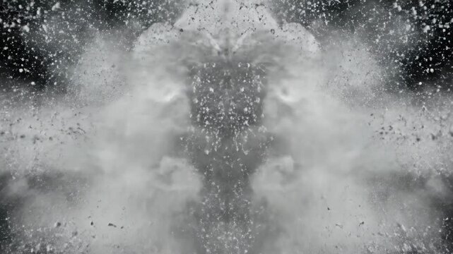 Dynamic Powder Collision: White dust particles exploding horizontally on a black background, ideal for cinematic transitions.