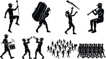 Black silhouettes of a marching band playing musical instruments and performing in a large parade © Mufti