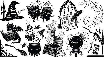 Set of black and white magic and wizardry icons with books potions dragon and crystal ball © Mufti