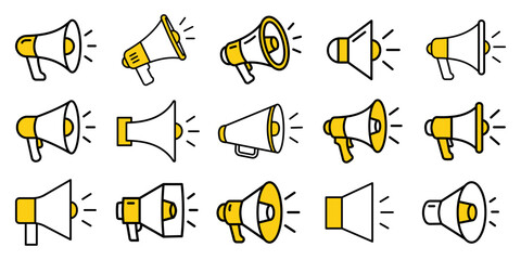 Obraz premium Set of flat line art icons of megaphones and loudspeakers in yellow and black colors, isolated on white background. Various styles of audio broadcast equipment for announcements, marketing, and commun