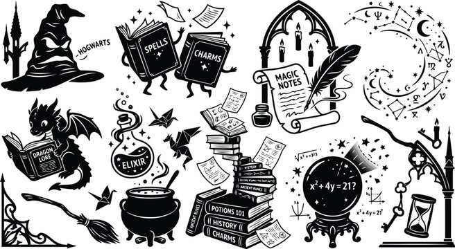 Set of black and white magic and wizardry icons with books potions dragon and crystal ball