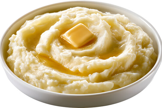 Creamy mashed potatoes with melting butter in a white bowl isolated on transparent background