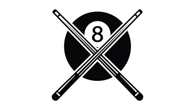 Minimalist vector illustration featuring a black eight ball and crossed wooden pool cues for design