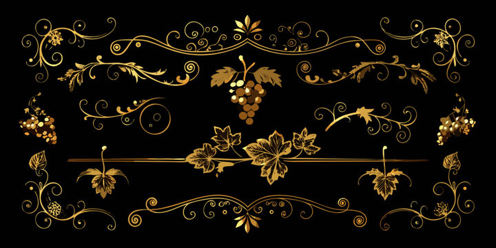 Luxury gold floral scrolls and grape ornaments, vector