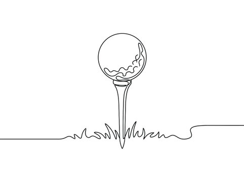 Single line drawing of a golf ball on a tee ready to be struck while grass grows around it
