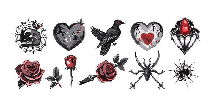 Set of gothic and dark art tattoo designs, vector