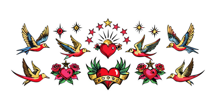 Vintage old school tattoo flash elements collection, vector