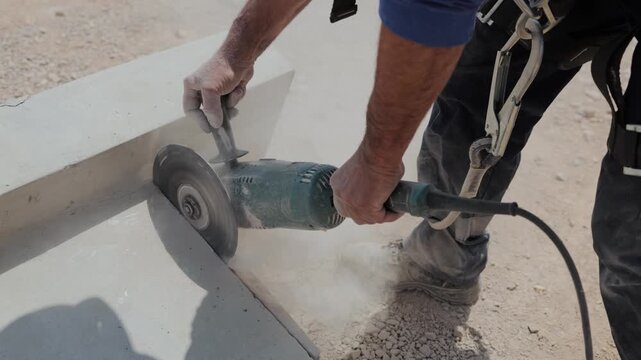 Construction worker cutting stone with angle grinder