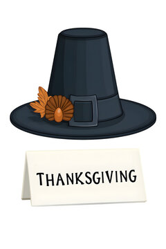 Pilgrim hat with buckle and autumn leaves for celebration isolated on transparent background