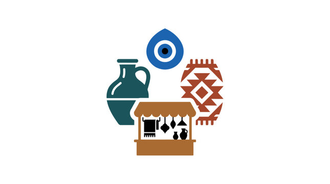 Collection of Turkish cultural symbols including evil eye.