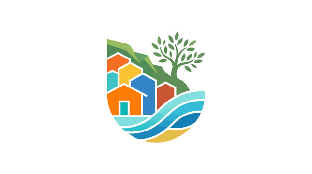 Colorful coastal hillside village landscape logo.