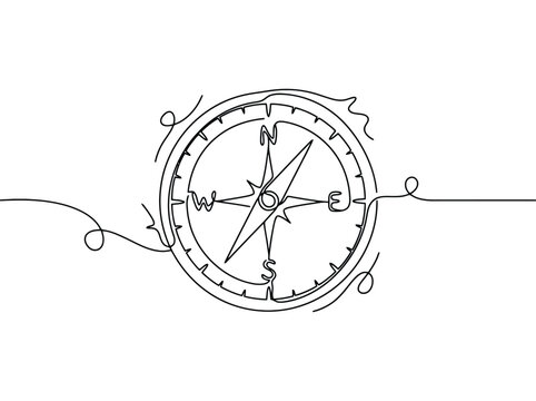 A single line drawing of a compass with directional points indicating travel and exploration