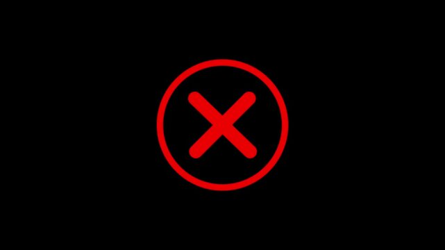 Abstract red x error icon animated against black background indicating failed process or cancellation. X error icon looping animation.