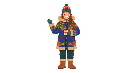 Cartoon girl in patterned winter parka holding coffee. © arifahayu97