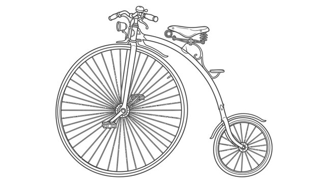 An illustration of a vintage penny-farthing bicycle with a large front wheel and smaller rear wheel is shown in profile on a white background.