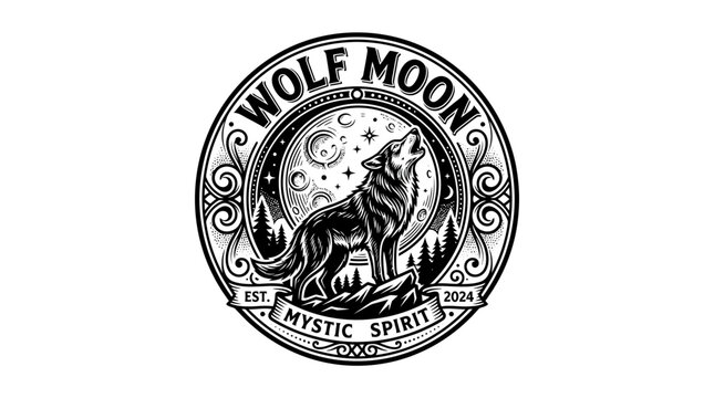 A wolf howls at a mystical moonlit night with stars and trees in a circular emblem.
