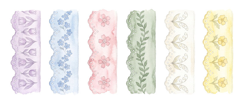 Watercolor floral border ribbons set scalloped lace edges eyelet paper strips featuring hand drawn botanical patterns of tulips leaves and spring blossoms for scrapbooking card making rustic design