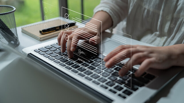 A woman types on a laptop in a bright workspace, surrounded by digital checklists, embodying productivity and modern business activities in a comfortable environment. Cyphers