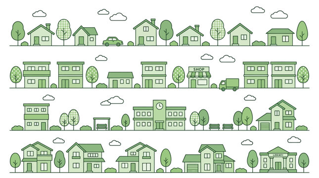 Minimalist green vector illustration featuring rows of suburban houses and small town buildings on white