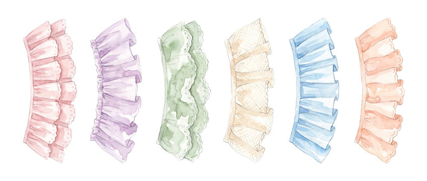 Watercolor ruffles lace borders set featuring colorful pleated pastel frills and fabric trim ribbons for scrapbooking, sewing, fashion design, and wedding invitations isolated on black background.