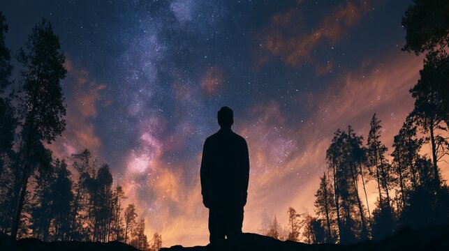 Silhouetted figure gazes at a vibrant, expansive milky way galaxy over a dark forest landscape at twilight, inspiring wonder