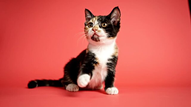 Adorable Calico Kitten Gazing Upwards on a Solid Coral Background, Kitten Looking Up