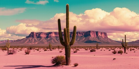 Obraz premium Vast desert panorama features saguaro cacti against dramatic mesa backdrop. Pink sand stretches toward distant mountains under vibrant sunset sky. Clouds add texture to scene creating unique