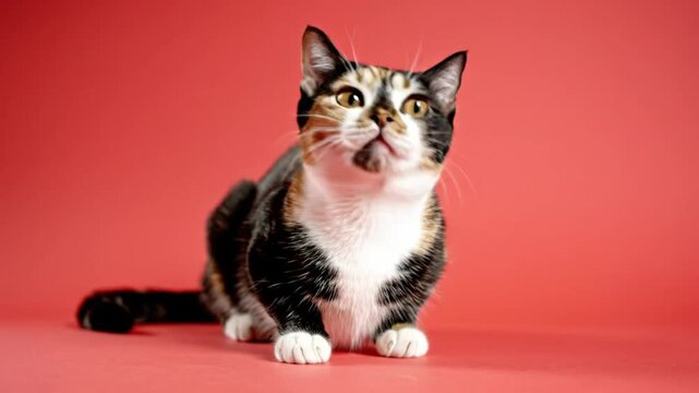 Adorable calico cat sitting and looking upwards, then lowering its head to observe something on the ground against a vibrant red backdrop