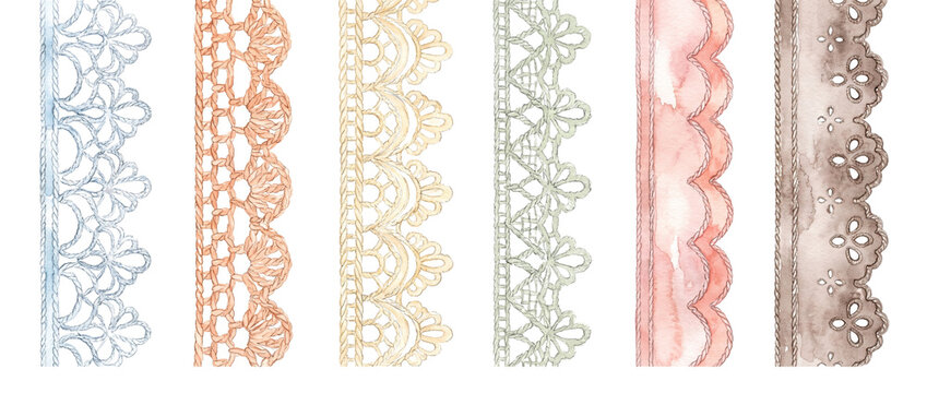 Lace trim borders crochet ribbon set for crafting, vintage decorative eyelet edges and scalloped embroidery stripes, watercolor rustic ornament illustration elements isolated on black background.