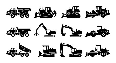 Construction Vehicle Icons Set: Heavy Machinery, Trucks, Excavators, Bulldozers, Rollers, Industrial Equipment © Sajid
