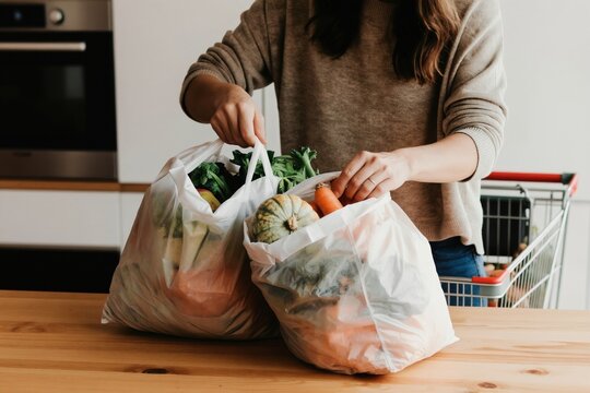 Woman unpacks grocery bags filled with fresh vegetables and fruits on wooden table in kitchen. Female sorts healthy food from shopping cart at home. Careful consumer prepares meal ingredients.